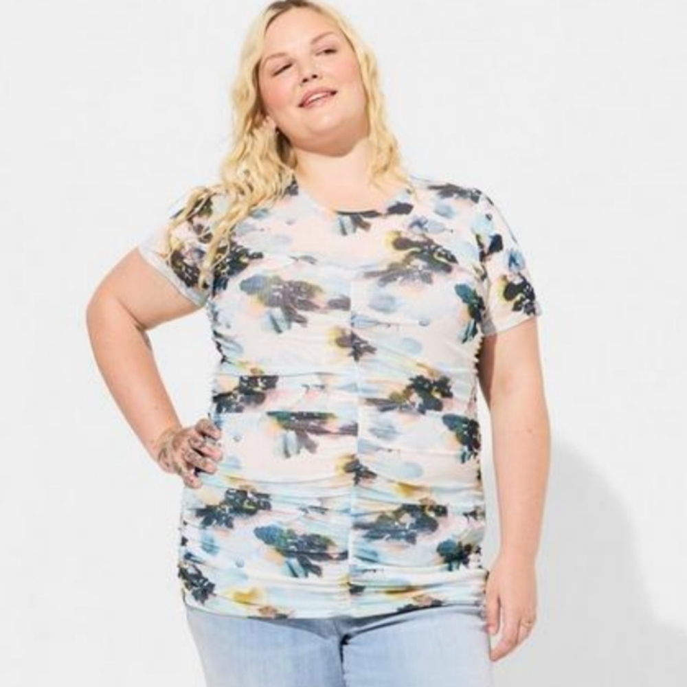 Torrid Stretch Mesh Crew Neck Ruched Top Floral Plus Size 2X